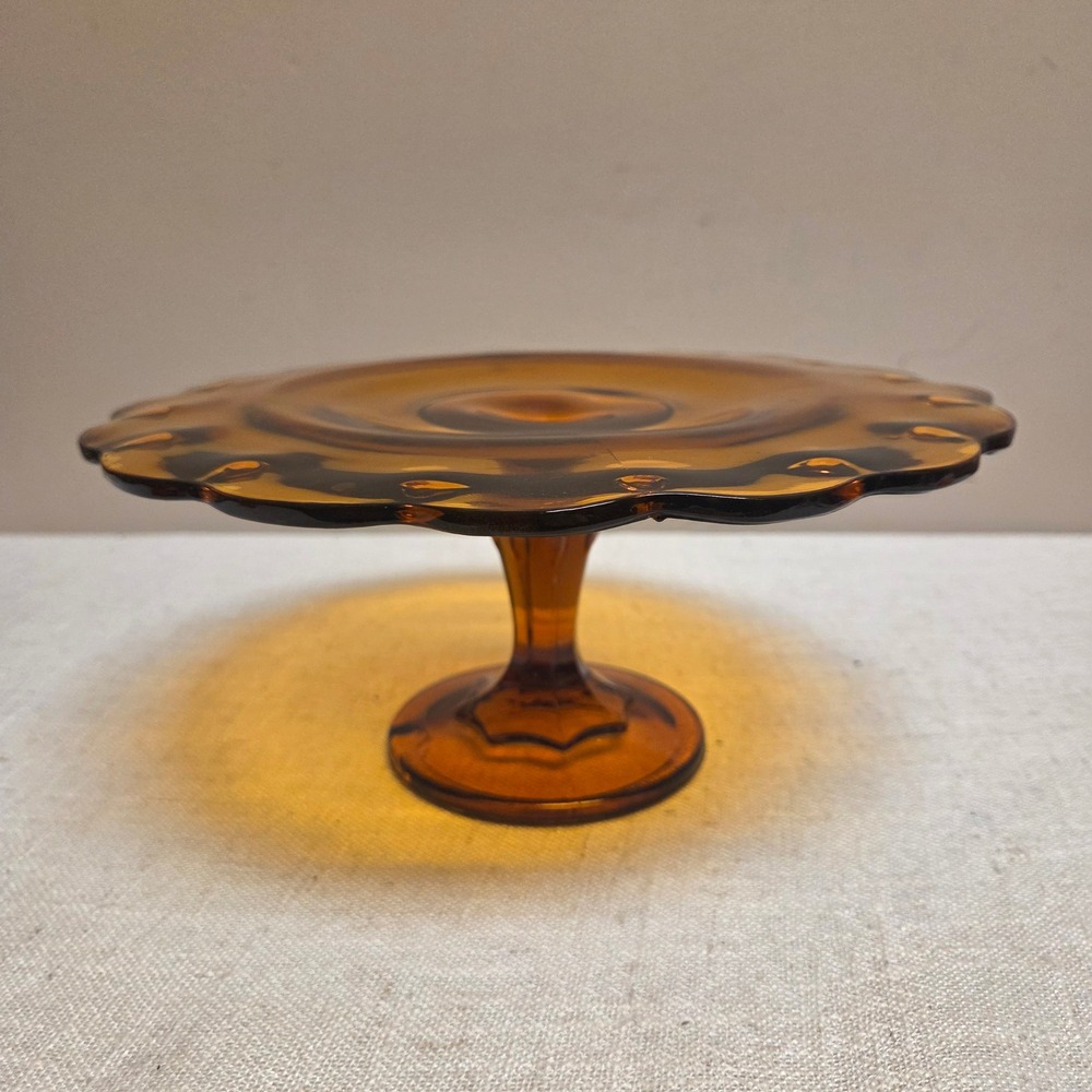Indiana Amber Glass Cake Stand Scalloped Thumbprint Pedestal Dessert Server